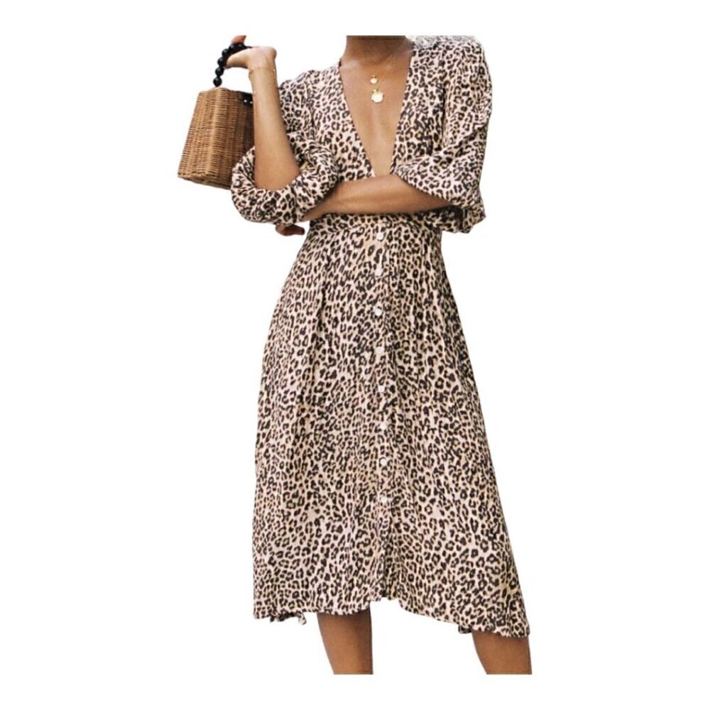 NWT Faithfull the Brand Chloe Midi Dress, Mila Animal Print, size 8